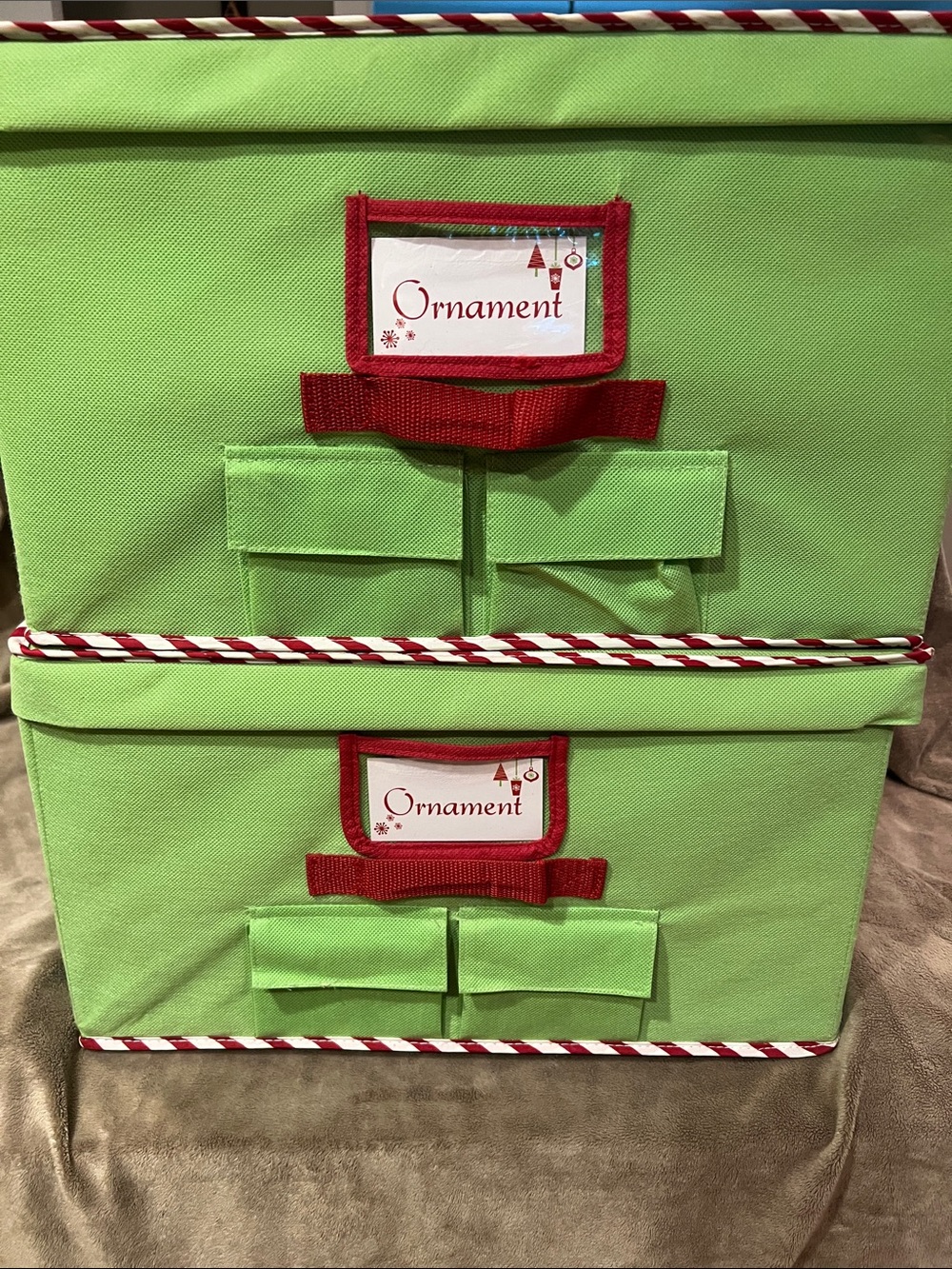Green Fabric Ornament Storage Bins with Red Trim